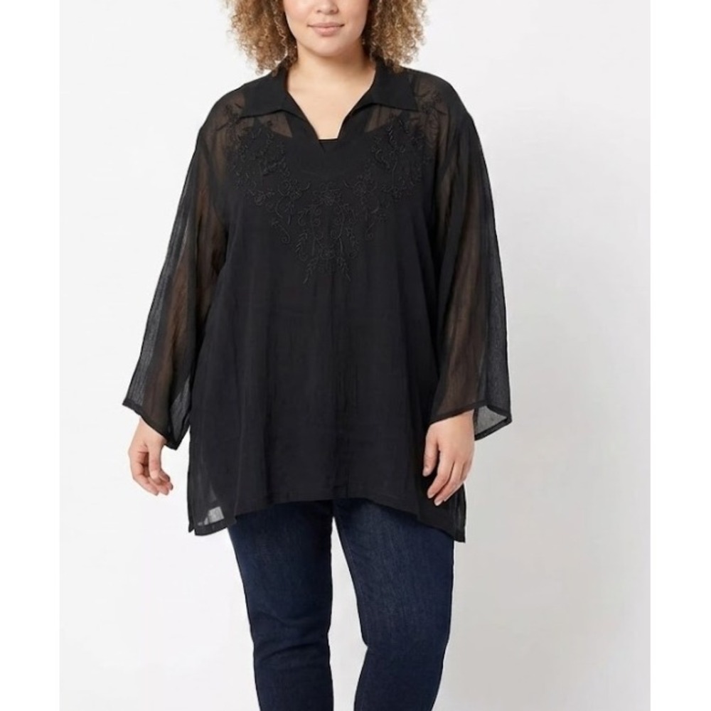 Silhouette Black Sheer Embroidered Ultra Soft Lightweight‎ Top 2X Romantic
